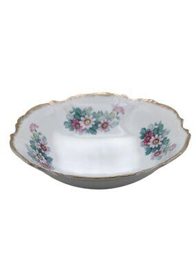 Vintage Porcelain 8" Serving Bowl Floral Daisies & Scalloped Gold Edge